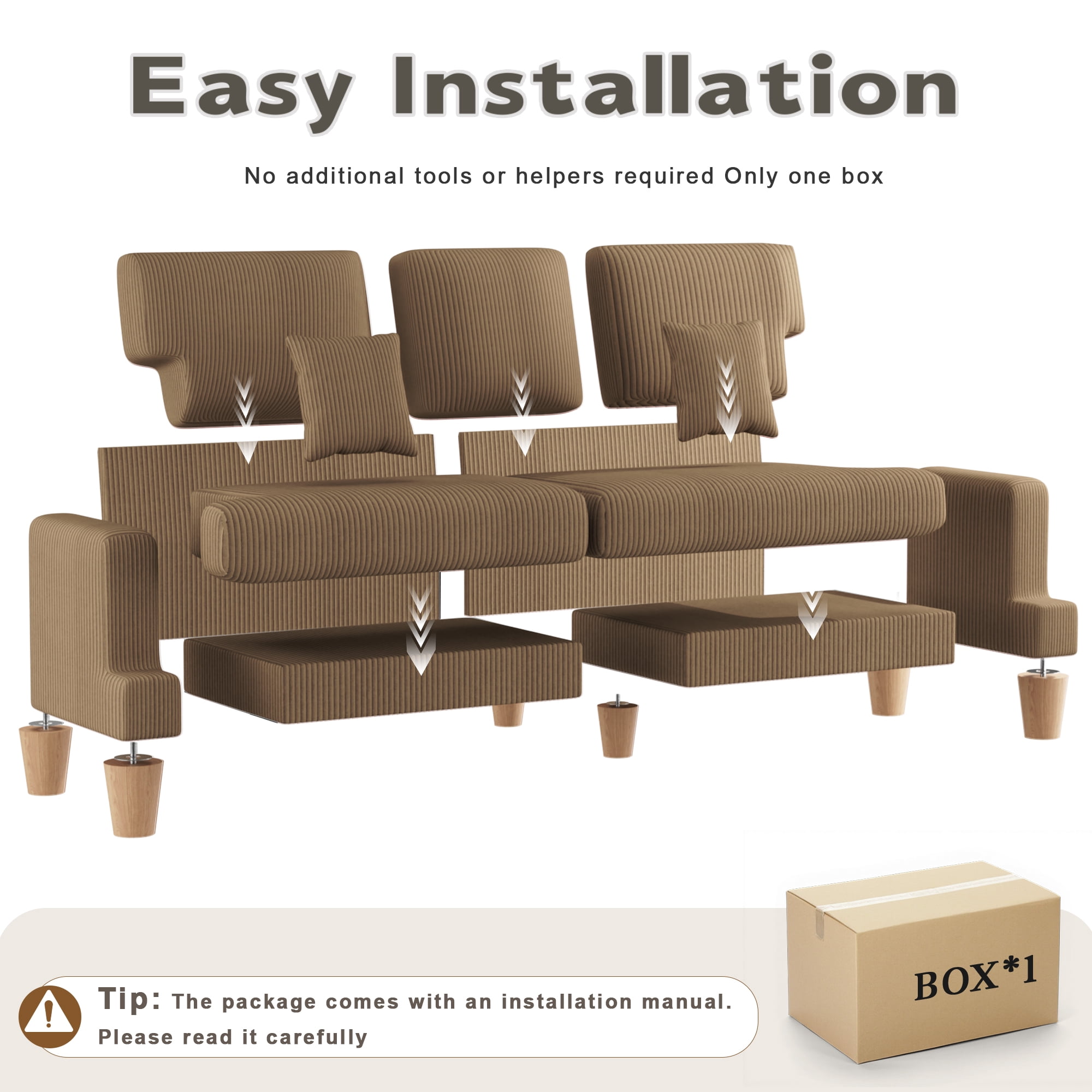 AAQZ 87" Corduroy Sofa Couch for Living Room, 3 Seater Deep Seat Comfy Couch in a Box, 2 Cushions, 2 Pillows Tool-Free Setup,Brown