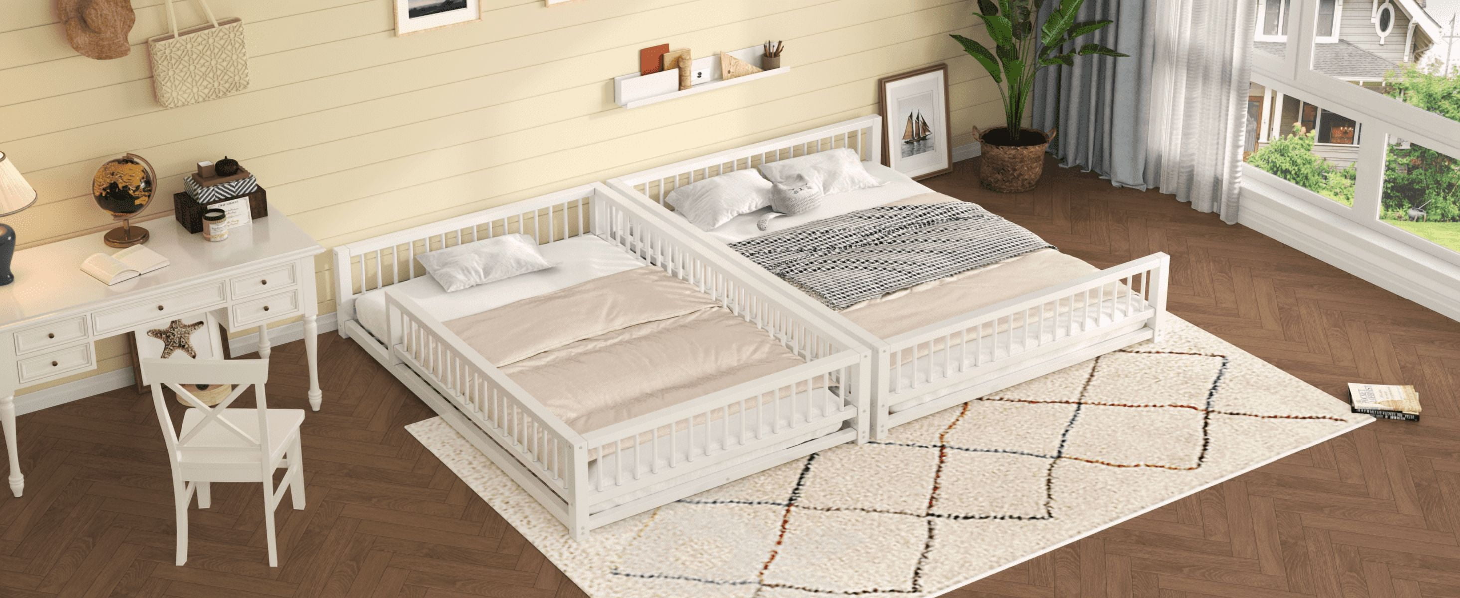 Full XL over Queen Floor Bunk Bed Frame with Ladder and Safety Guardrails, Easy Assemble, White