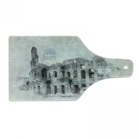 Sketchy Cutting Board, Historical Ruins Colosseum Art Italy Rome Antique Cultural Inspiration, Decorative Tempered Glass Cutting and Serving Board, Wine Bottle Shape, Beige Black, by Ambesonne
