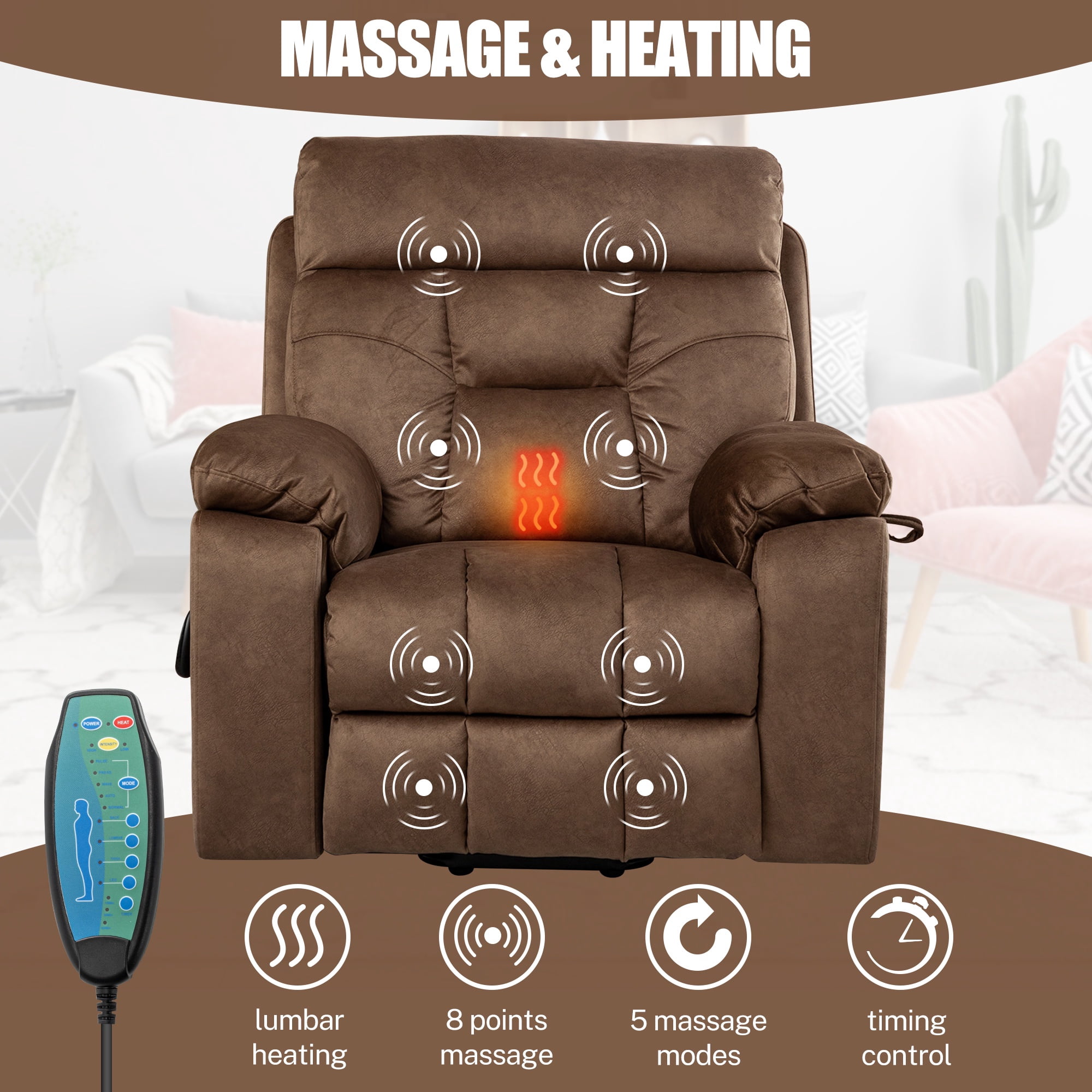 SYNGAR Electric Lift Recliner Chair with Heat and Massage, Oversized Recliner with Hidden Cup Holder for Living Room, Single Recliner Sofa with 26" Width Seat, Easy Assembly, Brown