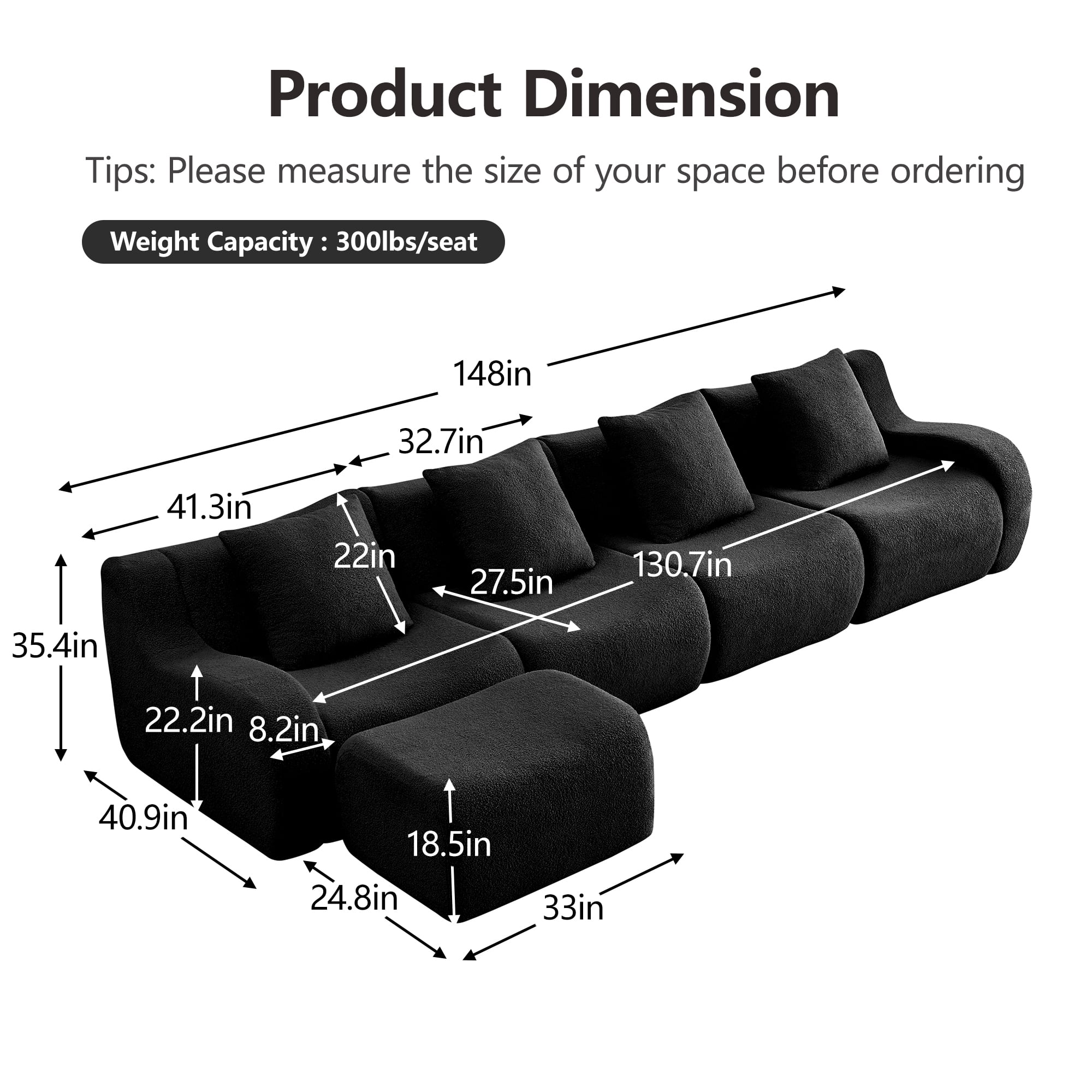 Alvantor Sectional Sofa with Reversible Ottoman L-Shaped 148" W 4-Seater Teddy Boneless Couch Modern Deep Seat Cloud Sofa for Living Room Black