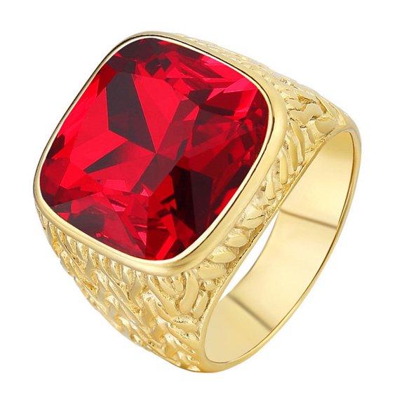 HIJONES Men's Gold Stainless Steel Simple Classic Square Gemstone Rings Red Size 13