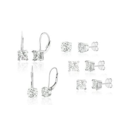 - Cubic Zirconia Stud and Lever Back 5 Piece Earring Set in Rhodium Plated Sterling Silver