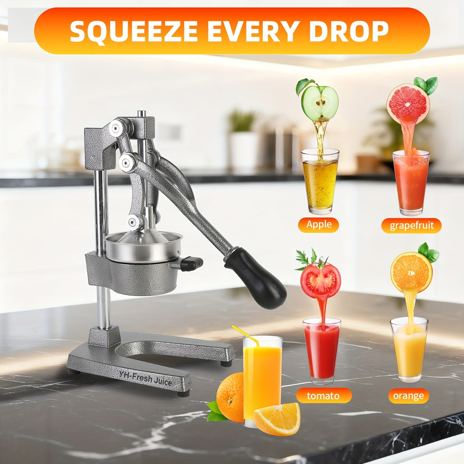 Professional Manual Hand Press Juicer Machine - Heavy-Duty Commercial/ Citrus Lemon, Orange, Lime & Pomegranate Juicer with 304 Stainless, Easy-Clean Parts & Lever Press for Juice Extraction (Gray)