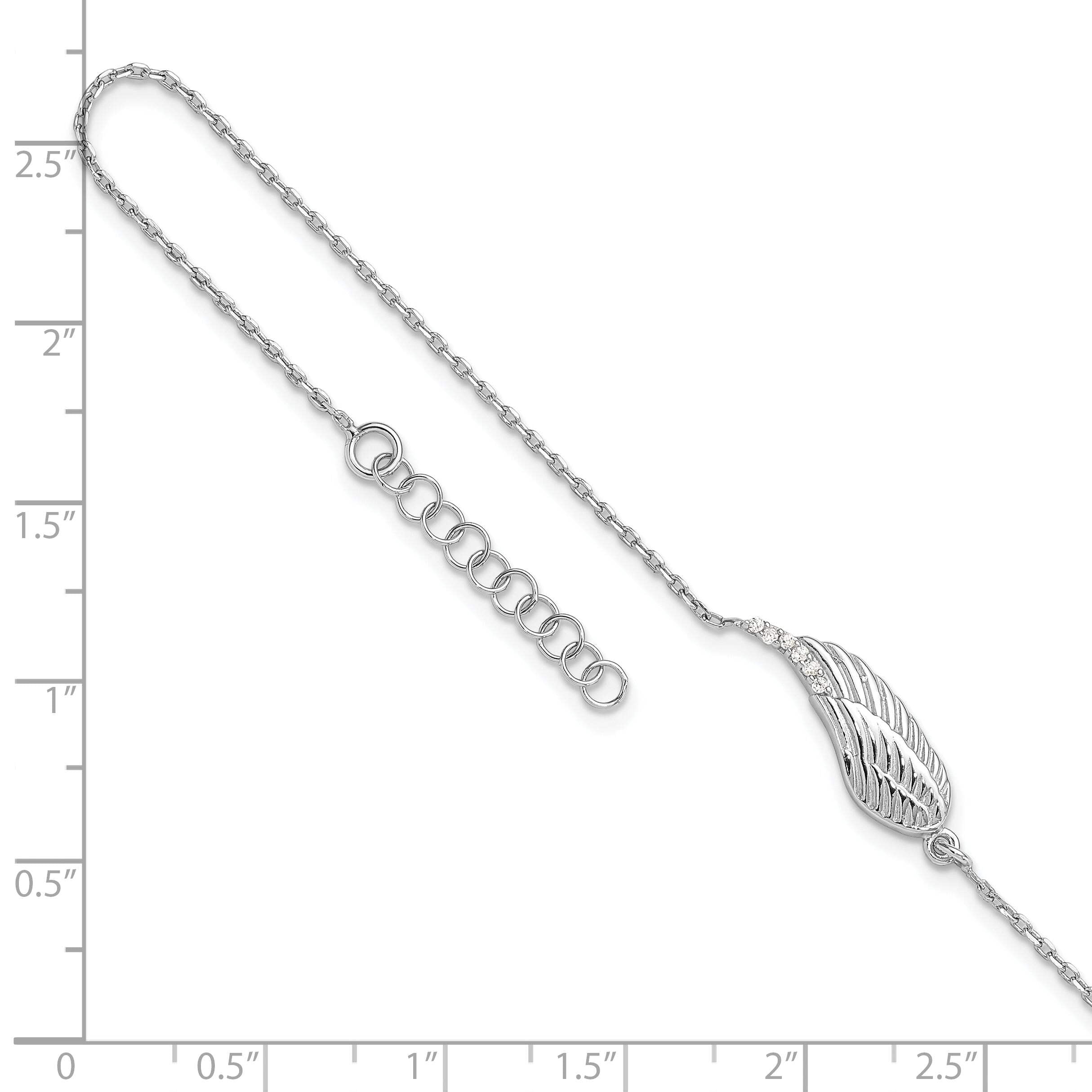 Sterling Silver Rhodium-Plated CZ Angel Wing 9in. Plus 1in. Extension Anklet