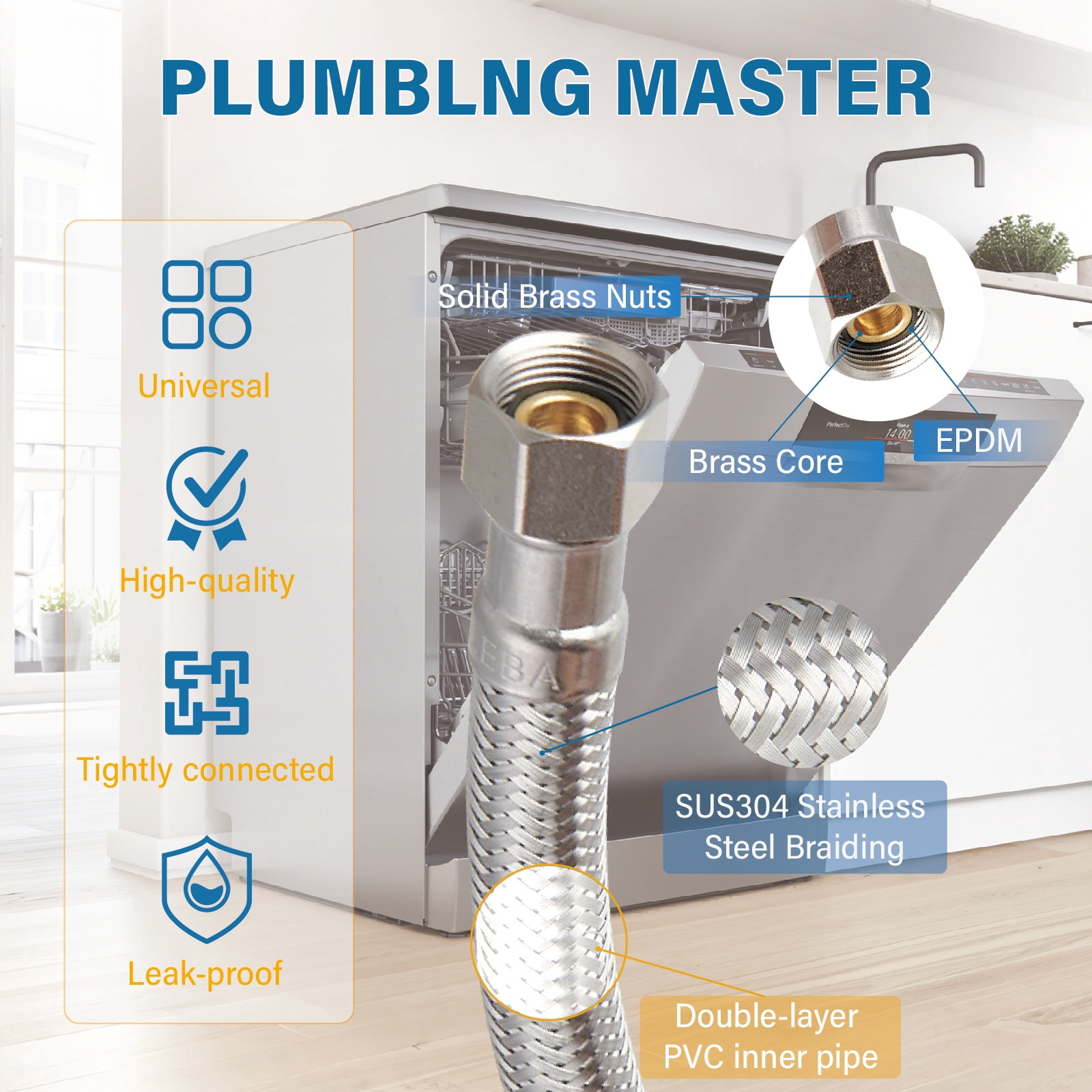 6Ft Stainless Steel Dishwasher Water Supply Line, F 3/8 C x F 3/8 C Brass Nut, Flexible Washer Supply Hose, Universal Fit, Leak-Proof