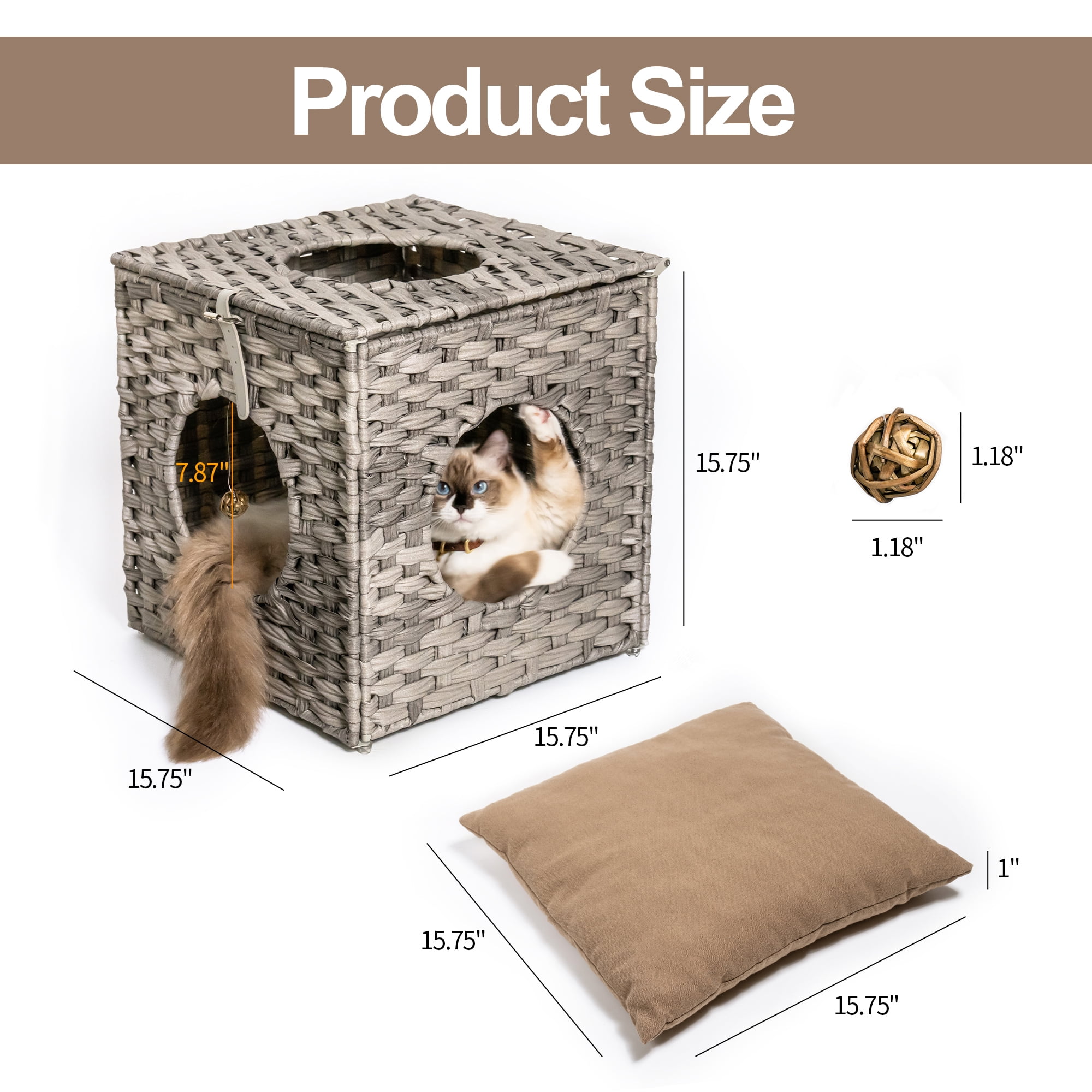 Canddidliike Rattan Cube Cat Bed with Rattan Ball and Mats in Grey Canddidliike Rattan Cube Cat Bed with Rattan Ball and Mats in Grey