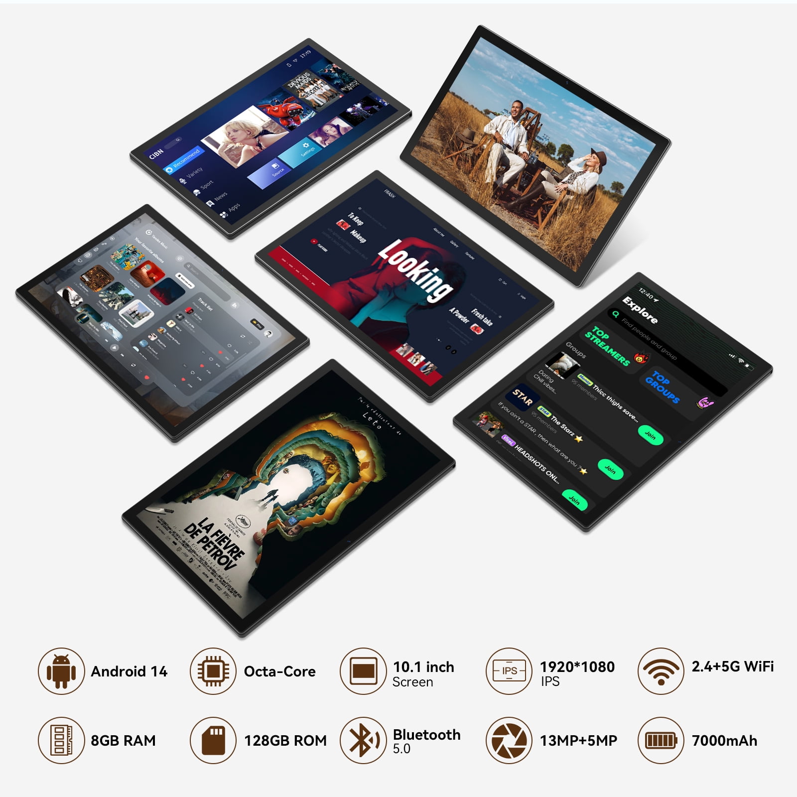 Android 14 Tablet 8GB RAM 128GB ROM, 10.1in 5G Wifi Tablet with