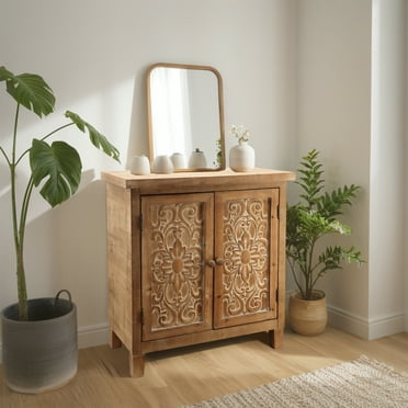 PARISLOFT Retro Wood Storage Cabinet with 2 Carved Design Doors