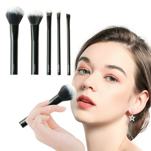 BEASOFEE Loose Powder Brush,5pcs Black Makeup Brushes Set, Foundation Brush,Best Gift for Beauty Lovers and Makeup Beginners