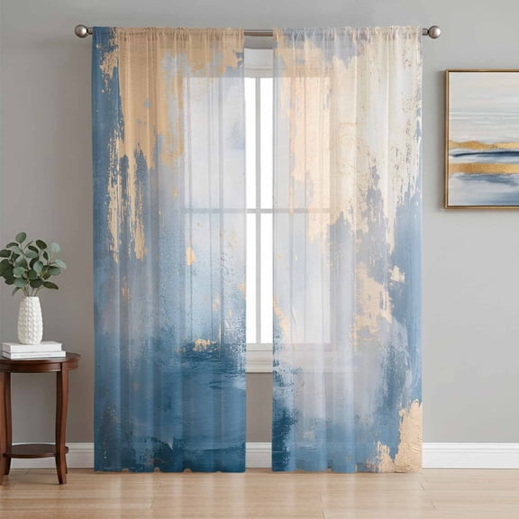 Blue Yellow Sheer Curtains 72 Inch Length 2 Panels Set, Oil Painting Modern Abstract Voile Window Treatment Rod Pocket Curtains Sheers Drapes for Bedroom/Living Room/Kitchen 52"x72"x2
