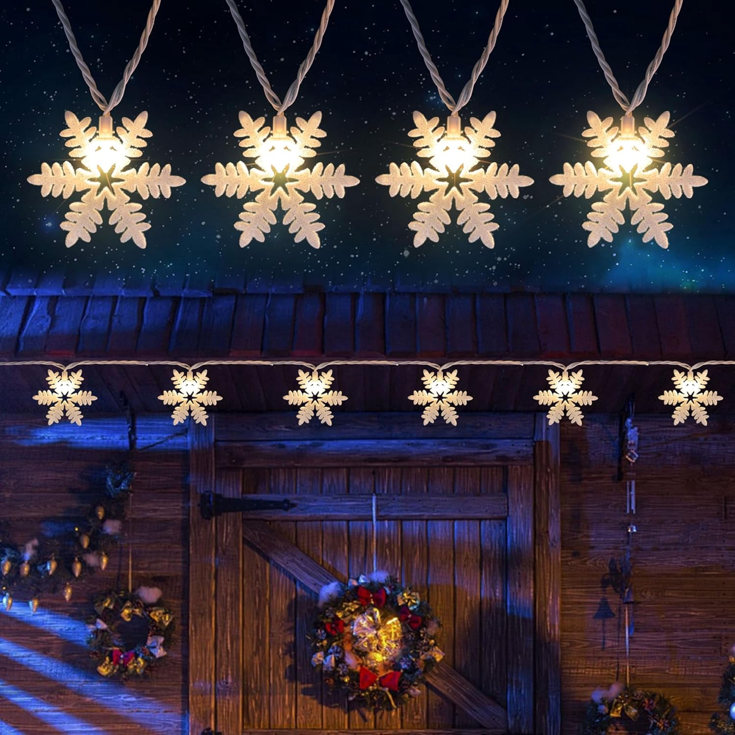 8FT Snowflake String Lights for Christmas Decoration, 10 Glitter Snowflakes Indoor Outdoor Winter Tree Bedroom Home Decoration, Warm White