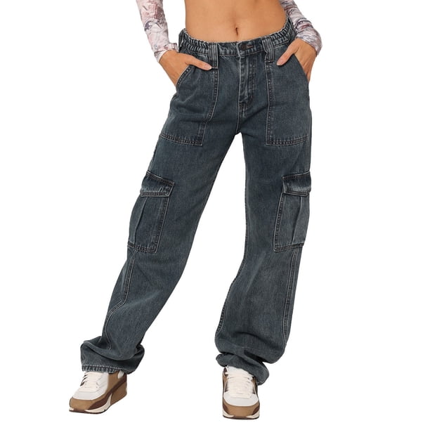 Gibobby Jeans Pantalones de mujer Pantalones vaqueros con bolsillos para mujer, cintura alta, estilo cargo, sueltos(Azul,G)