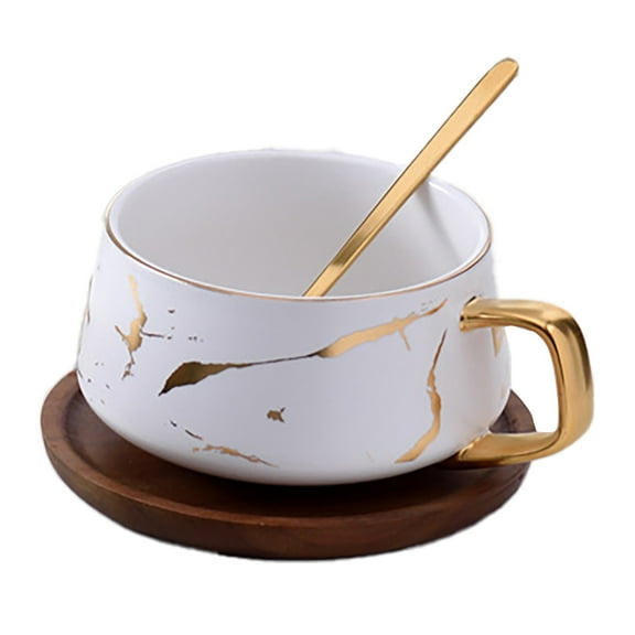 Tea & Coffee Cups 12oz Ceramic Tea Cup With Wooden Saucer Stone Pattern Gold Inlay Elegant