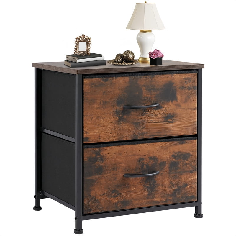 BEAUTYPEAK Nightstand 2-Drawer Fabric Dresser Bedside Table with Wooden Top Adjustable Feet, Rustic Brown