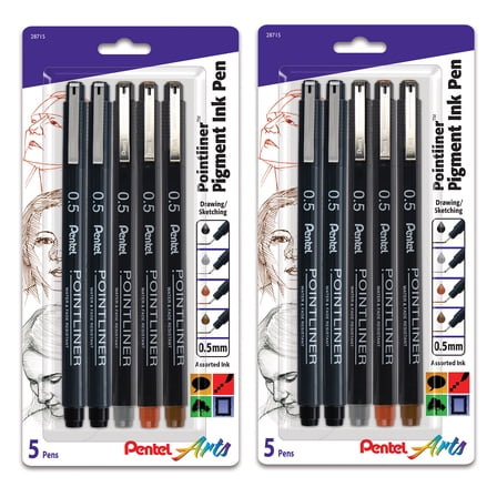 Pentel Arts Pointliner Pen, 0.5mm Tip, Assorted Ink Colors, 5 Per Set, 2 Sets