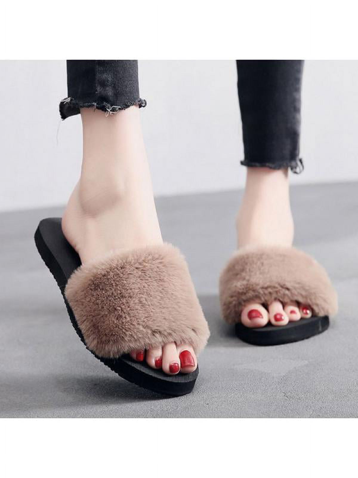 Ropalia Womens Winter Fur Solid Color Slippers Home Anti-Slip Warm Cotton Trailer Shoes Ladies Casual Shoes - image 2 of 3