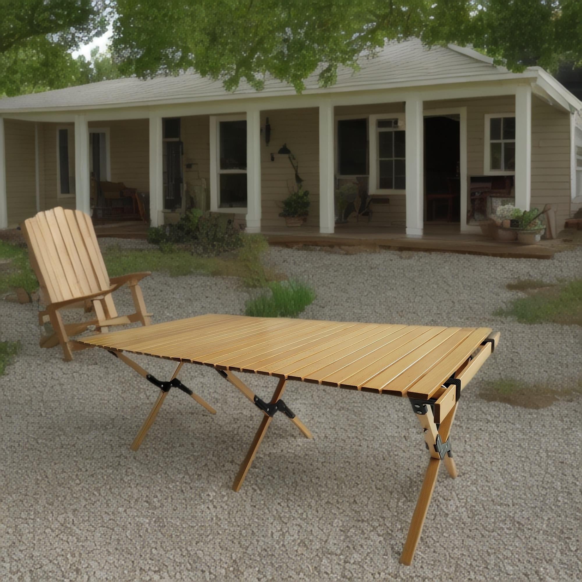 Multifunctional Folding Table, Portable Wooden Outdoor Dining Table for Camping Backyard Party, Natural