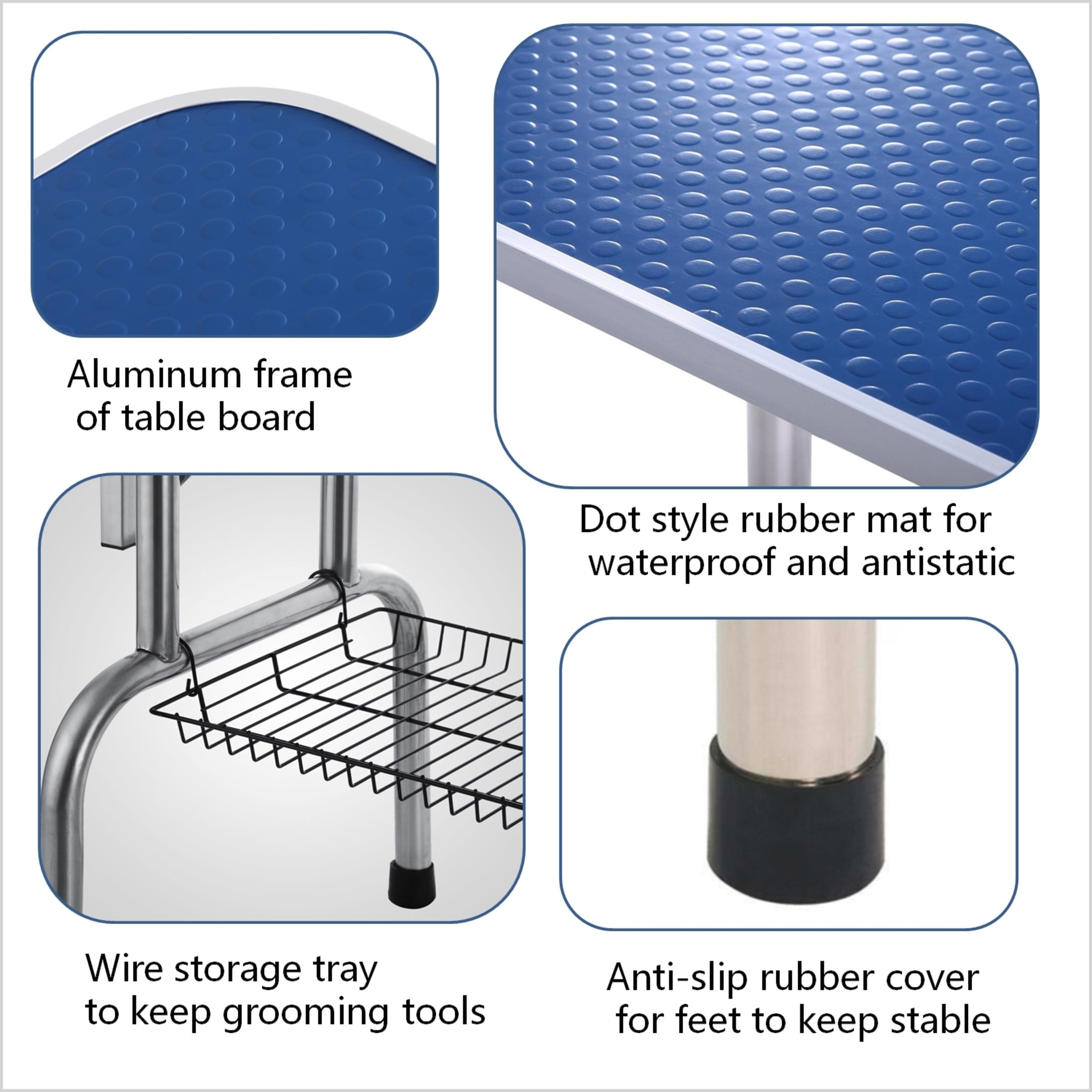 Noble House 46" Folding Dog Pet Grooming Table with Adjustable Arm, Stainless Steel Frame, Non-Slip Rubber Top, Blue