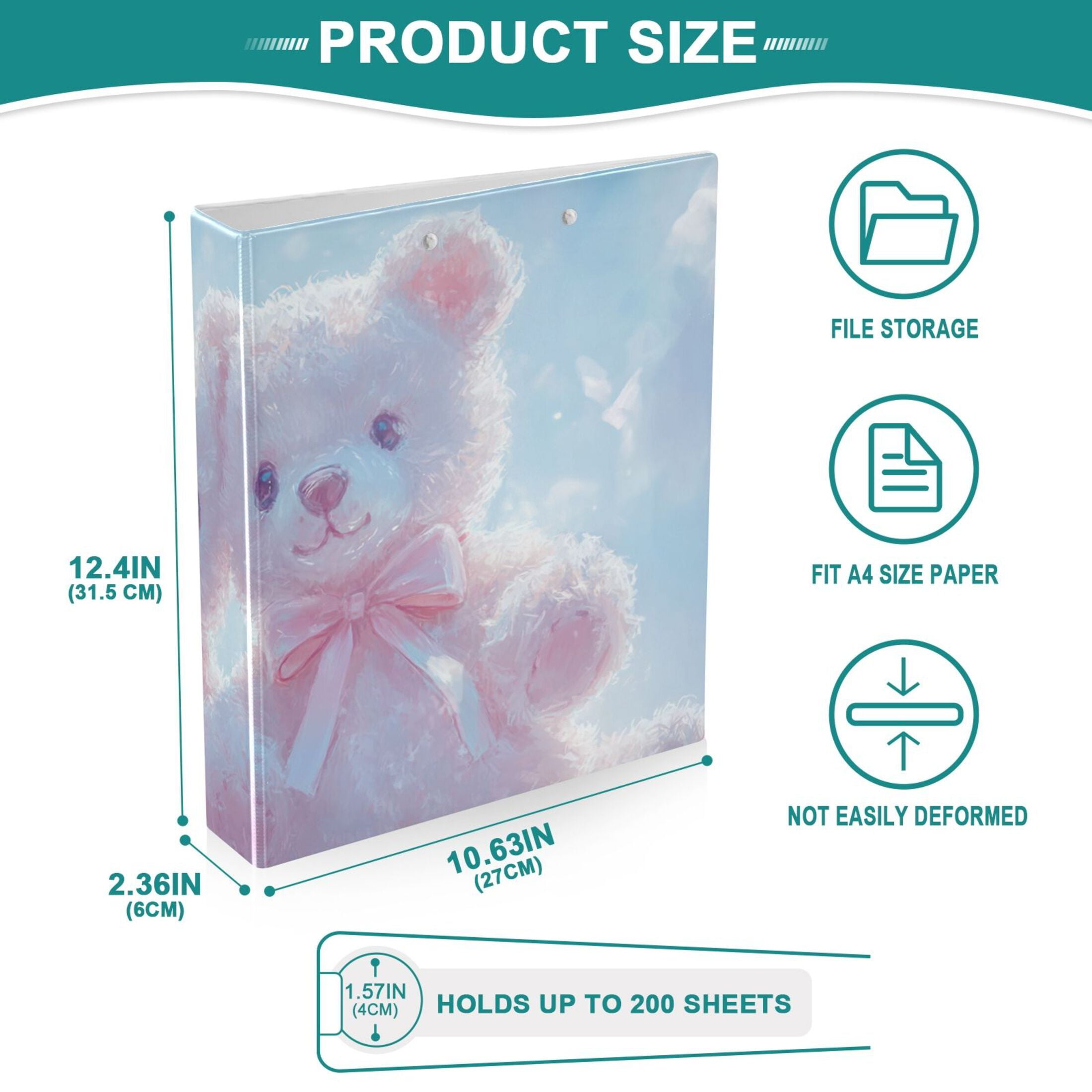 Cute Teddy Bears Pink 3 Ring Binders 1.5 inch Hardcover File Folders with Interior Pockets A4 Size Organizer for School Office Hospital