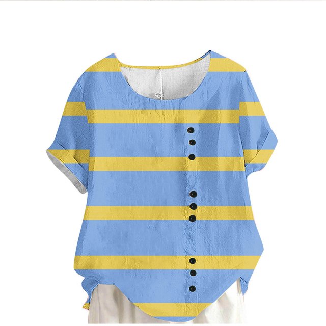 Vestidos Casuales Para Mujer, Blusas De Mujer De Moda Blusa informal de lino con botones y manga corta estampada para mujer