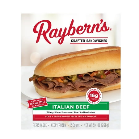 Raybern's Italian Beef Sandwich, 16g Protein, 9.4 oz, 2 Count Box (Frozen)