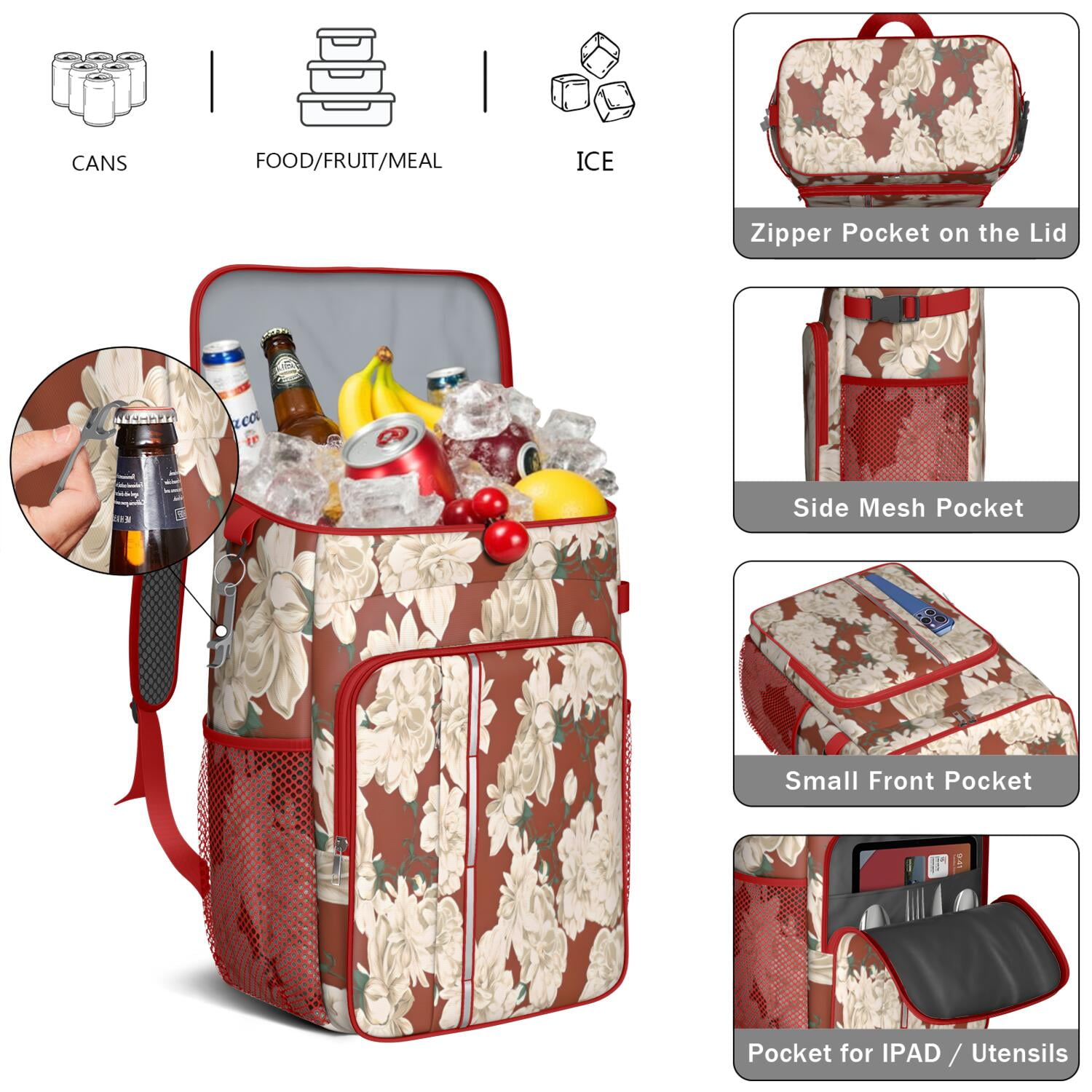 Travel Cooler Bag - Pioneer Flower Floral Print Pattern Camping Beer Cooler Backpack with Bottle Opener- Waterproof Insulated Picnic Backpacks - Cooler Bag for Beach