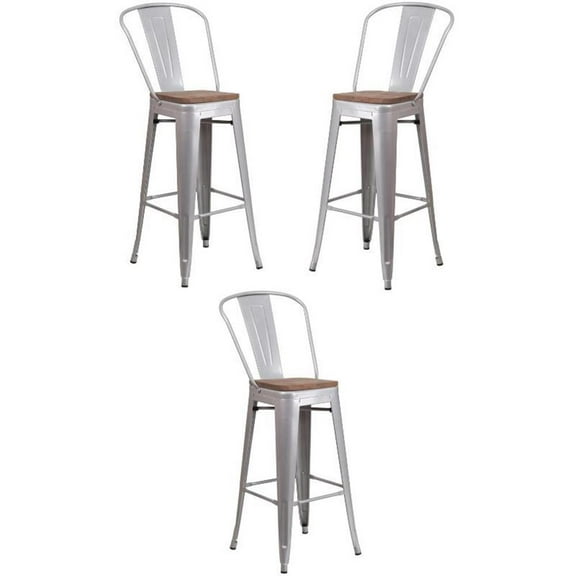 Home Square 30" Metal Bar Stool in Silver and Wood Grain - Set of 3