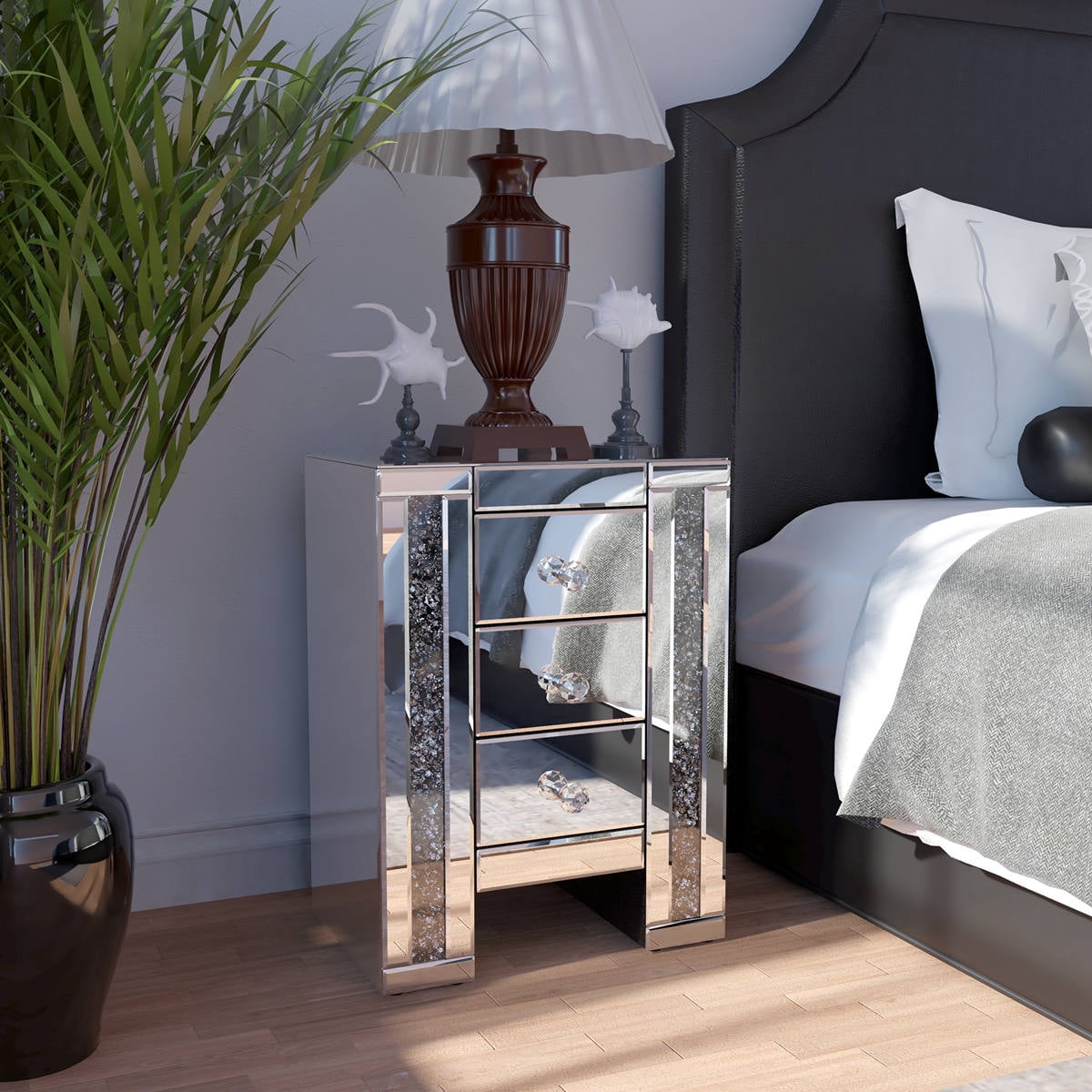 Jaxpety Set Of 2 Crystal Beaded Nightstand Bedside Table W 3 Drawers Rectangle Mirror Top Clear Finish Walmart Com Walmart Com