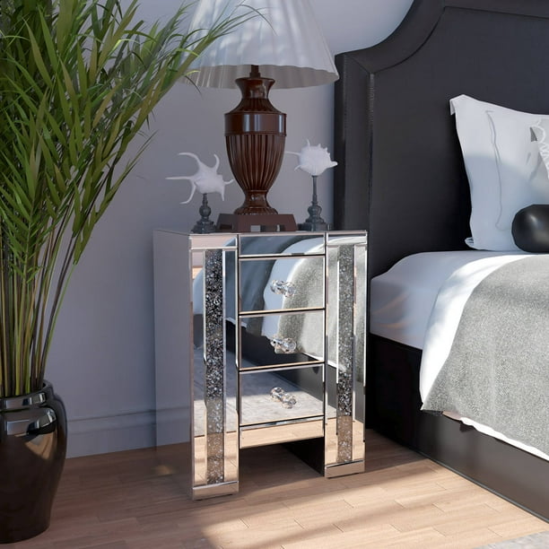 Crystal Beaded Nightstand Bedside Table, Mirrored Bedside Table Set Of 2