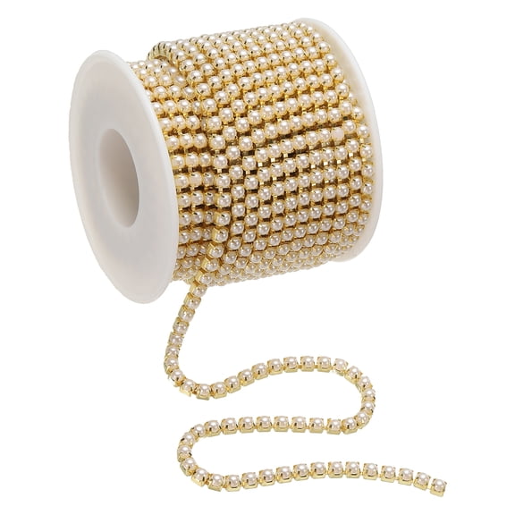 Uxcell Pearl Trim Chain 10 Yards x 4mm, SS16 Gold Pearl Applique Trim Beaded Cup Chain for Sewing Crafts DIY Decoration, White