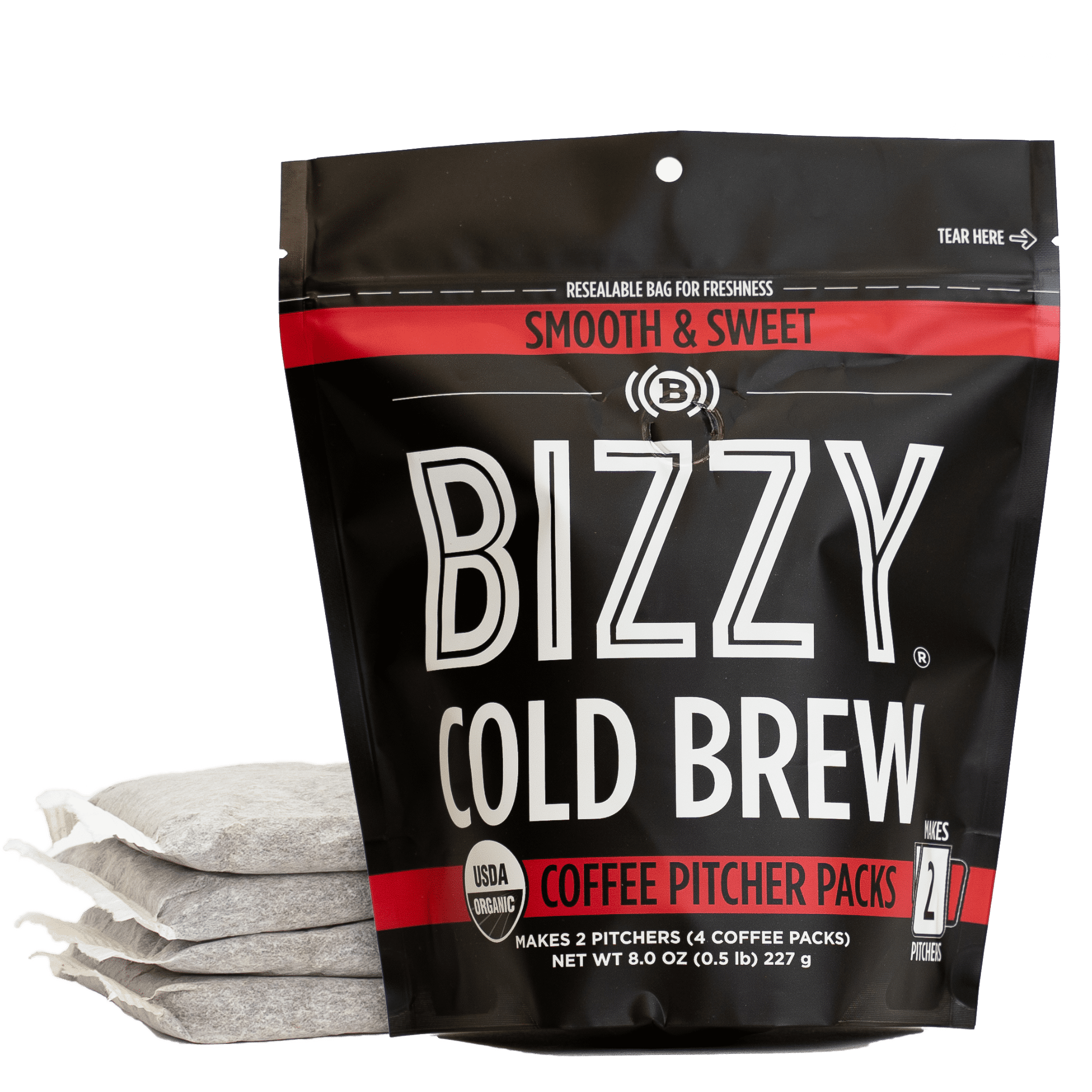 Bizzy Organic Cold Brew Coffee | Smooth & Sweet Blend | Coarse Ground Coffee | Pitcher Packs | 4 Count | Makes 14 Cups
