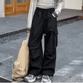 thumbnail image 5 of Kids Girl Pants Girls Solid Straight Leg Cargo Pants Drawstring Elastic Waist Fashion Childrens Bottoms Streetwear for Kids Black 5 Years-6 Years, 5 of 7