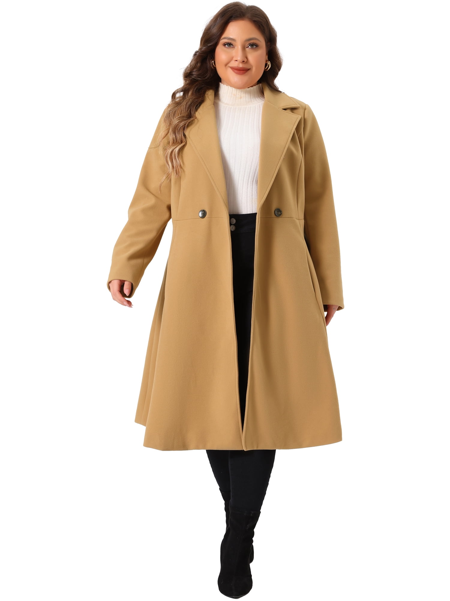 DARING DIVA Women's Plus Size Notch Lapel Double Breasted A Line Coat 1X Camel