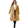 thumbnail image 3 of DARING DIVA Women's Plus Size Notch Lapel Double Breasted A Line Coat 1X Camel, 3 of 6