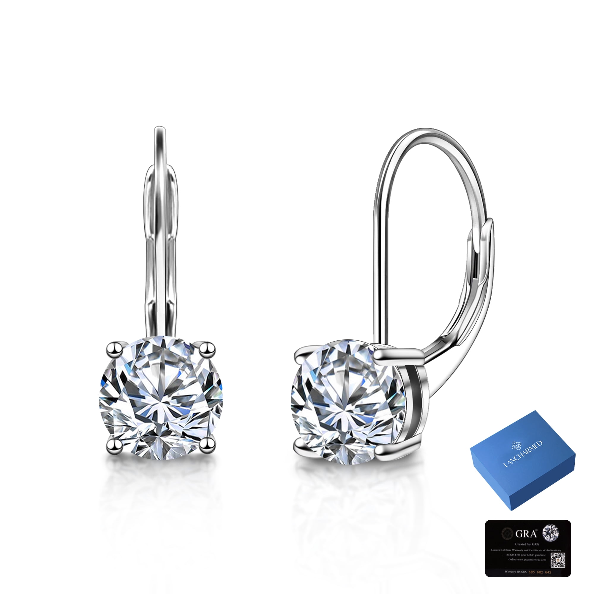 LANCHARMED White Gold Plated Sterling Silver Dangle Earrings,1.0ct-2.0ct D Color Brilliant Round Cut Lab Created Diamond Earring