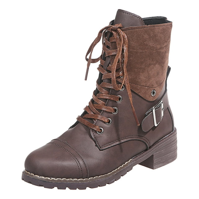 Bottes Mi-Mollet pour Femmes en Cuir Rétro avec Boucle et Lacets, Chaussures Décontractées pour l'Automne et l'Hiver