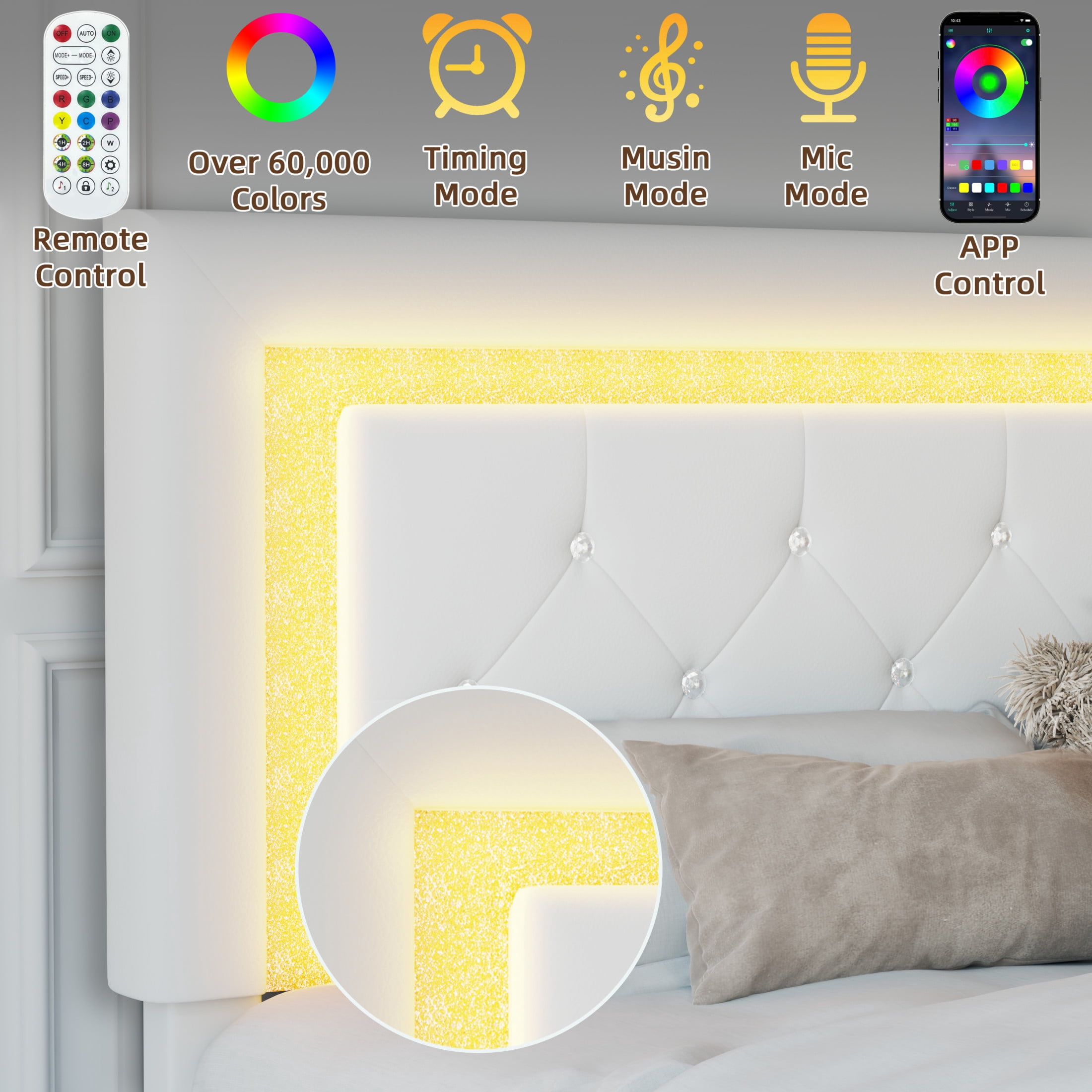 Noble House Elliana Full Size Upholstered Floating Platform Bed Frame with Diamond Tufted Headboard, LED Lights, Beige White