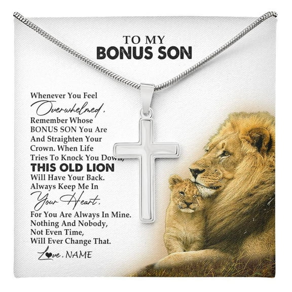 To My Bonus Son Necklace from Stepdad Whenever You Fell Overwhelmed Lion Stepson Birthday Christmas Customized Gift Box Message Card