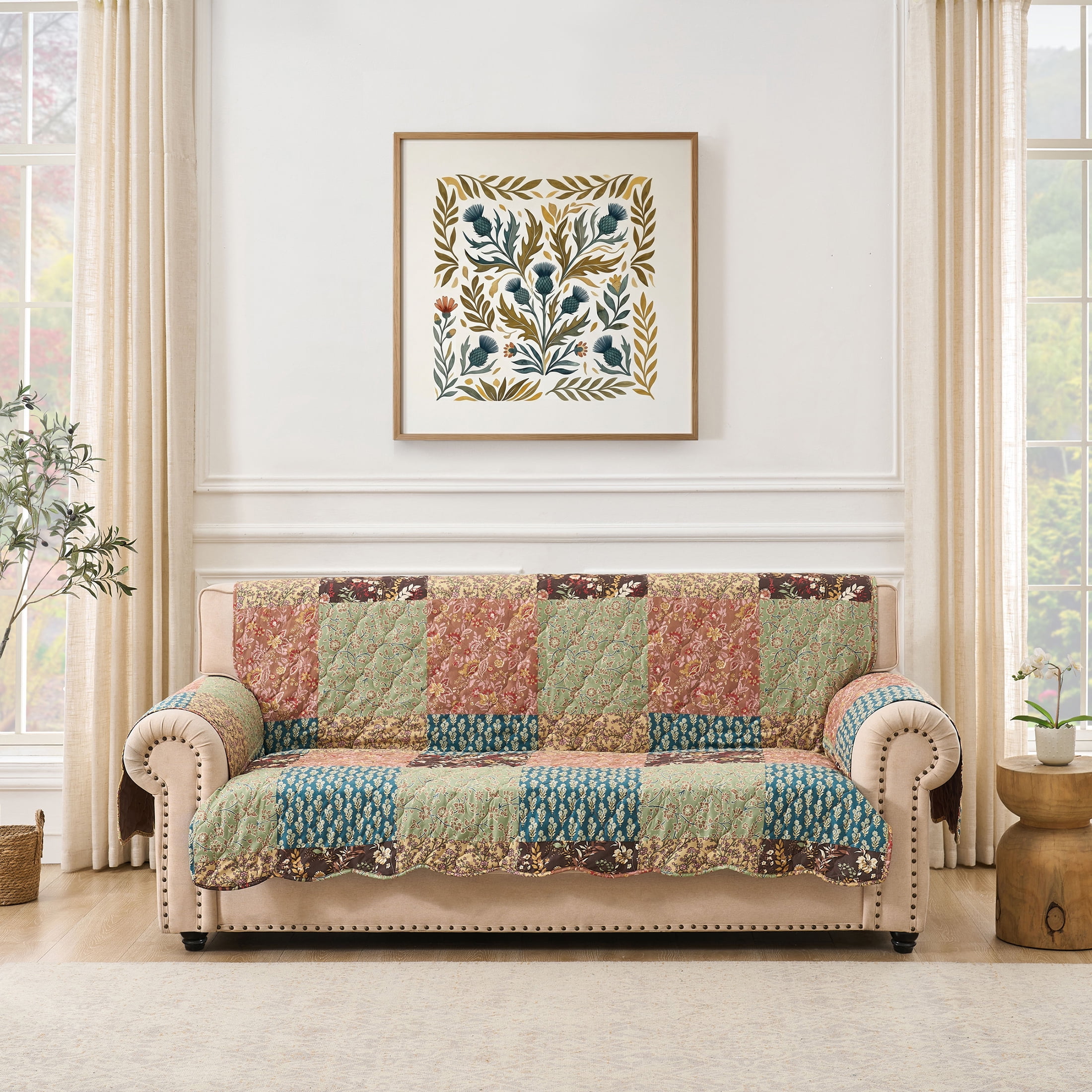 Greenland Home Fashions Hazel Floral Patchwork Print Reversible Slipcover/Furniture Protector, Sofa