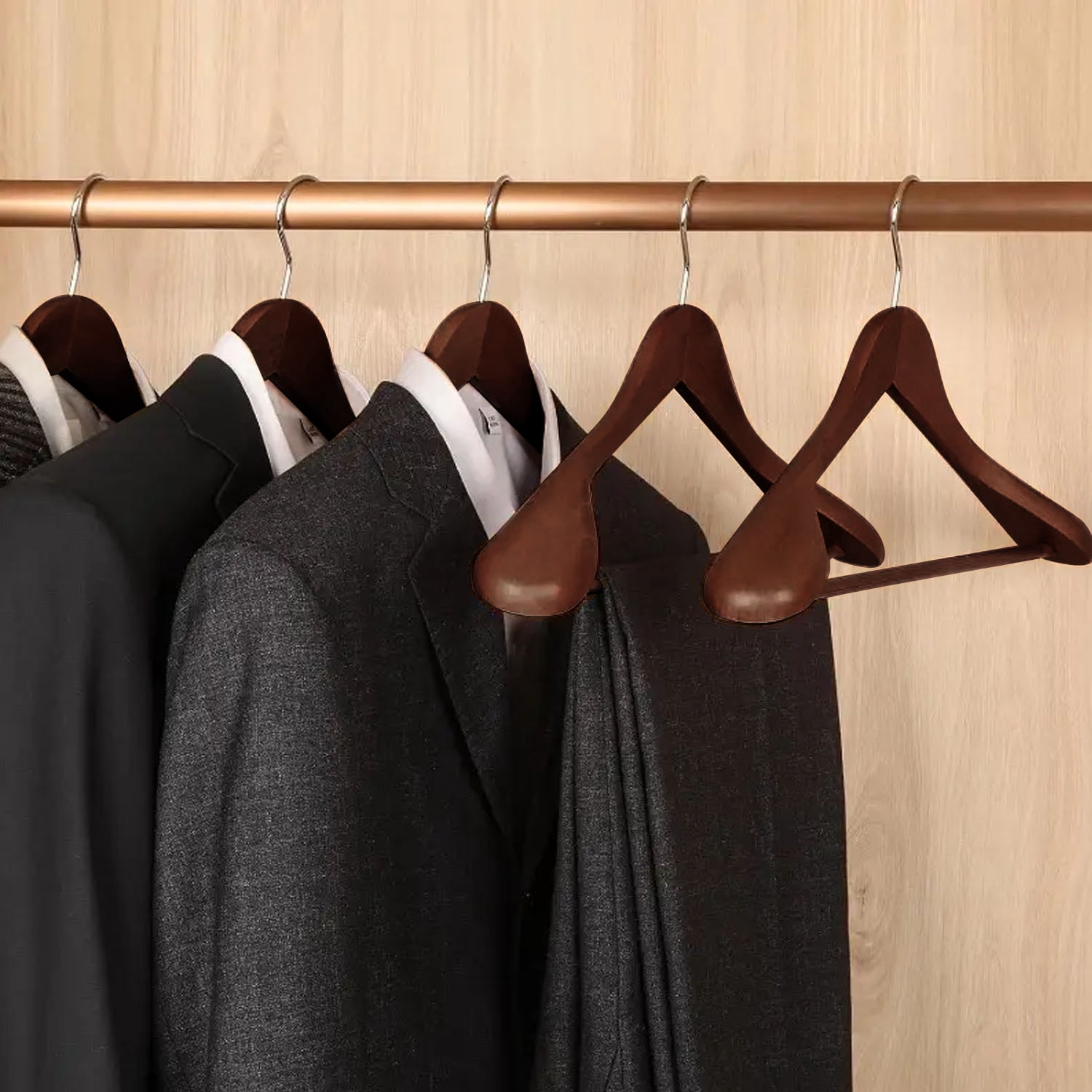 BagDream 8 Pack Wide Shoulder Wooden Hangers Coat Hangers with Non Slip Pants Bar, Solid Wood Jacket Clothes Hangers Smooth Finish for Sweater, Pants, Heavy Clothes, Walnut