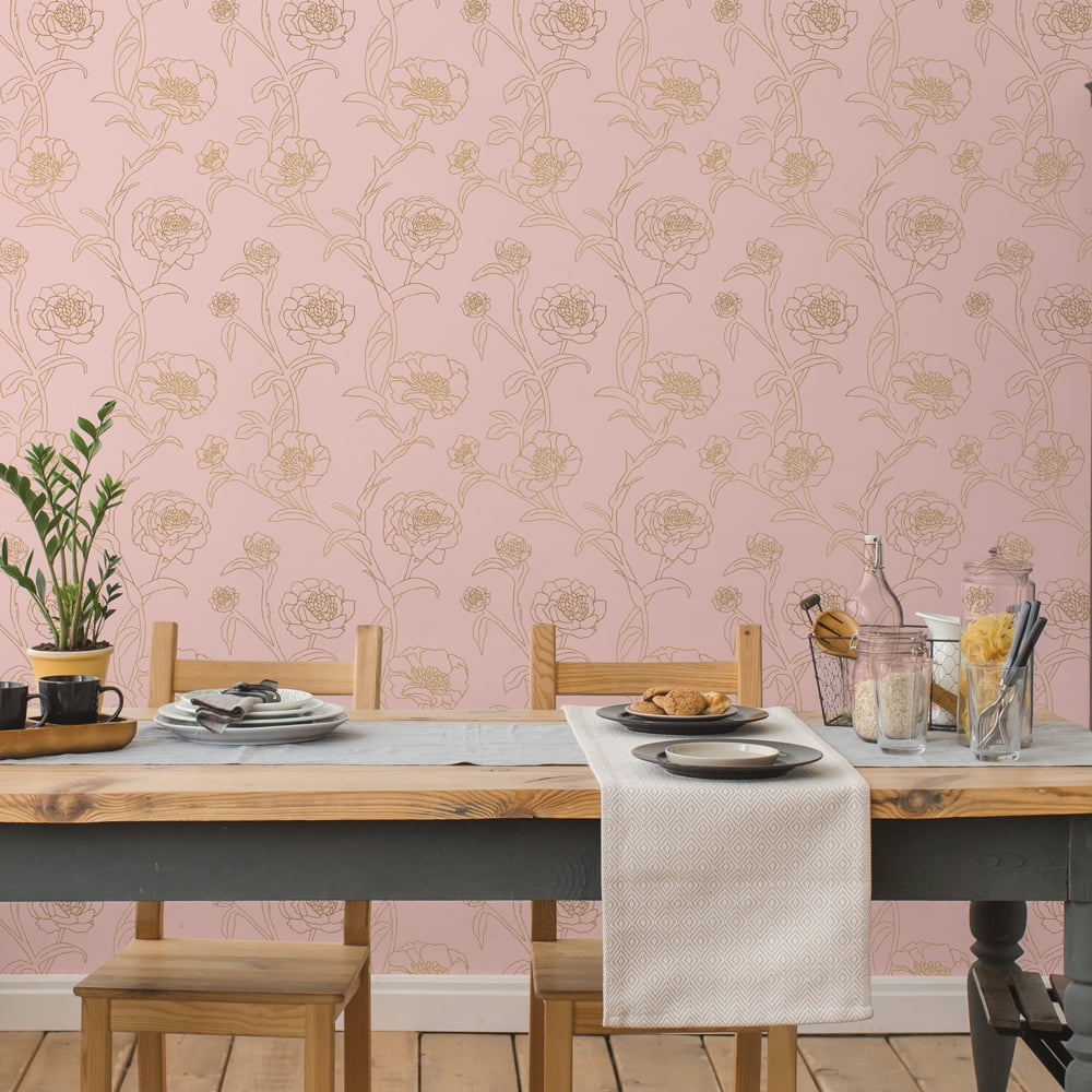 Tempaper Peonies Rose & Metallic Gold Floral Peel and Stick Wallpaper, 20.5" x 16.5'