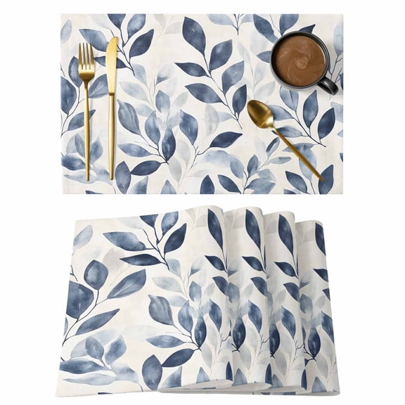 Navy Blue Botanical Placemats Set of 4 Pastoral Spring Leaves Watercolor Place Mats Indoor Wipeable Table Mats Washable Cloth Dining Table Placemats for Kitchen Holiday Party Home Decor 13x19 Inch