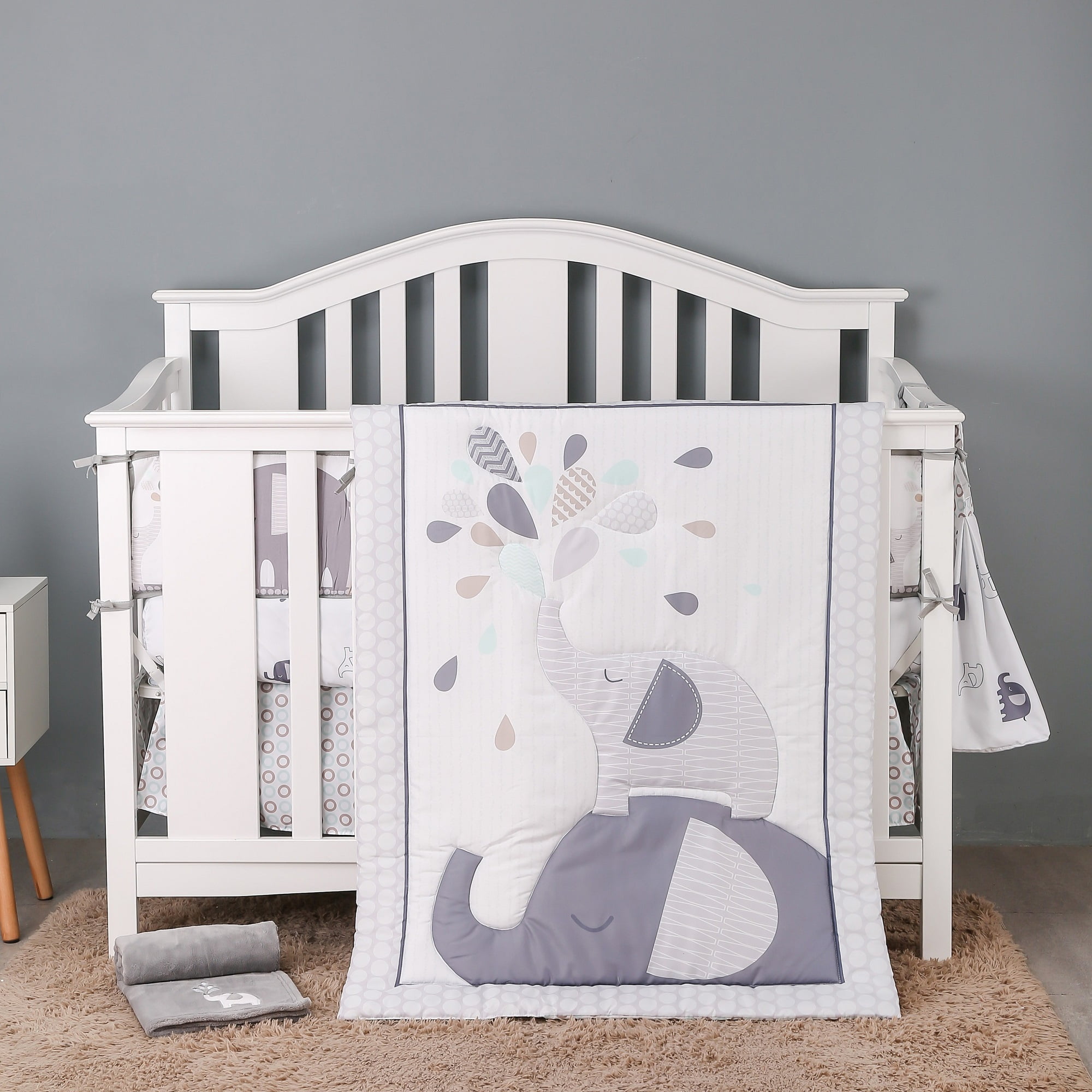 Sweet Baba Jungle Elephant Crib Bedding Sets for Baby Boys,4 PC Cot Bedding Set Including 1 Crib Skirt, 1 Quilt, 2 Crib Sheet,Grey/White Crib Set,Unisex Nursey Bedding and Neutral Decoration