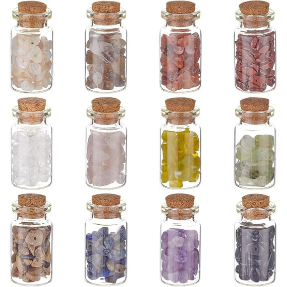 1box 12pcs Drilled Crystal Gemstone BottlesSet Small Crystal Tumbled Stones with Wishing Bottles Natural Quartz Crystal Tumbled Stones for Summer Jewelry Making Home Decoration 1mm Hole