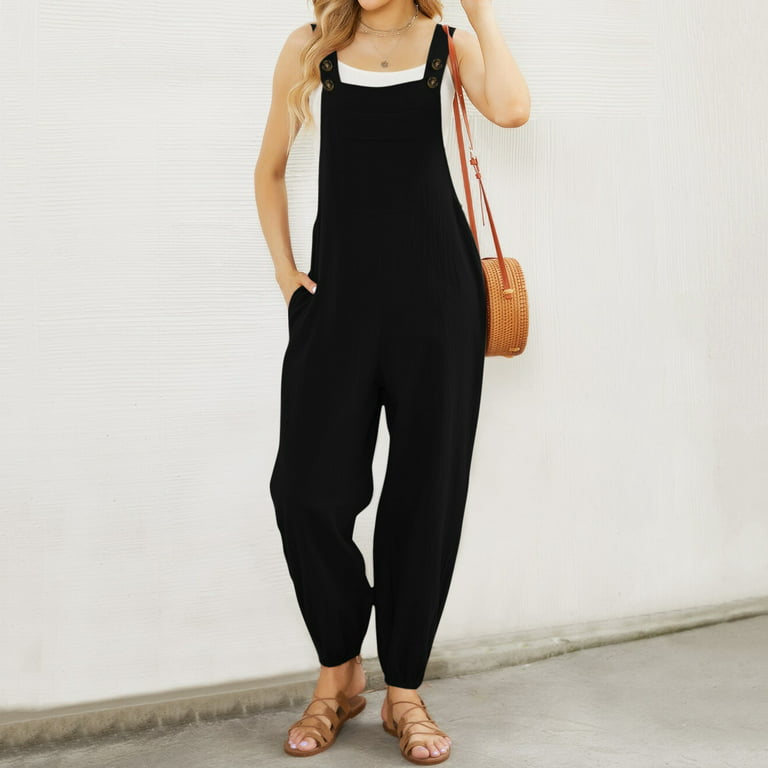 Ploknplq Jumpsuits for Women Black Jumpsuit for Women Women's Sleeveless  Overalls Solid Wide Leg Bib Jumpsuit Rompers with Pockets Womens Jumpsuits  Black M 