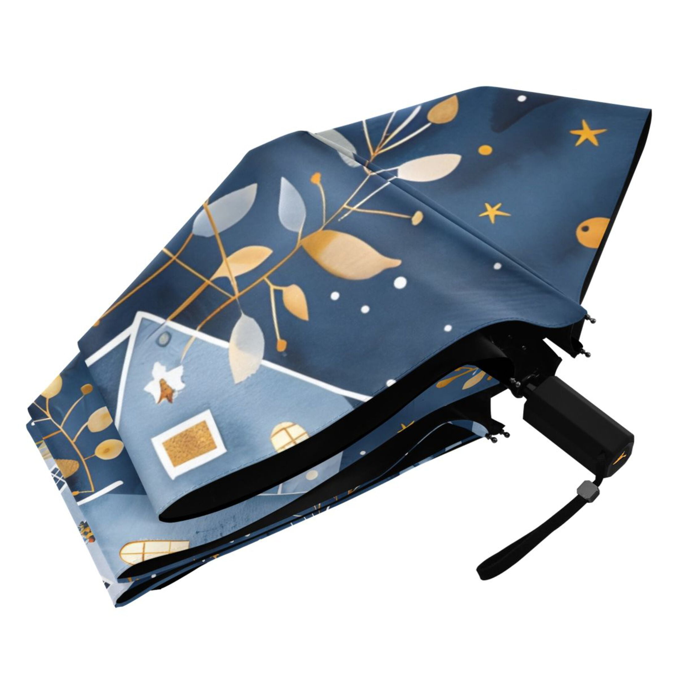 Winter Houses and Barberry Branches Compact Sun Umbrella Windproof Travel Umbrellas for Rain Strong Portable UV Protection
