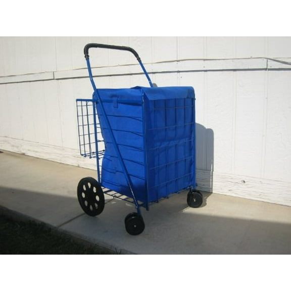 Shopping Cart with Double Basket and Liner with top cover Jumbo size Strong Frame swivel wheels holds 150 lbs Blue color