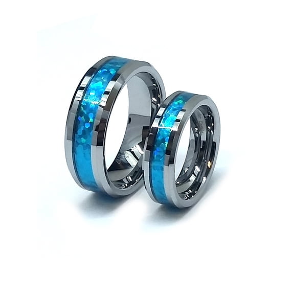 Men's & Ladies 8MM/6MM Tungsten Carbide Hawaiian Blue Inlay Wedding Band Ring Set