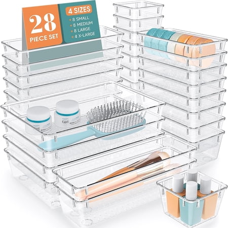 28 PCS Clear Plastic Drawer Organizer Set, 4 Sizes Desk Drawer Divider Organizers and Storage Bins for Makeup, Jewelry, Gadgets for Kitchen, Bedroom, Bathroom, Office